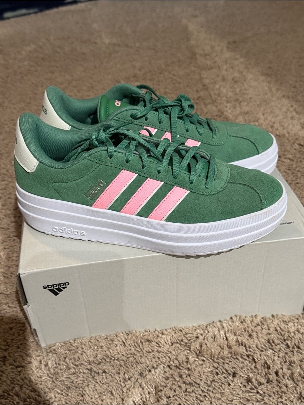adidas Women's Green Suede Sneakers with Pink Stripes